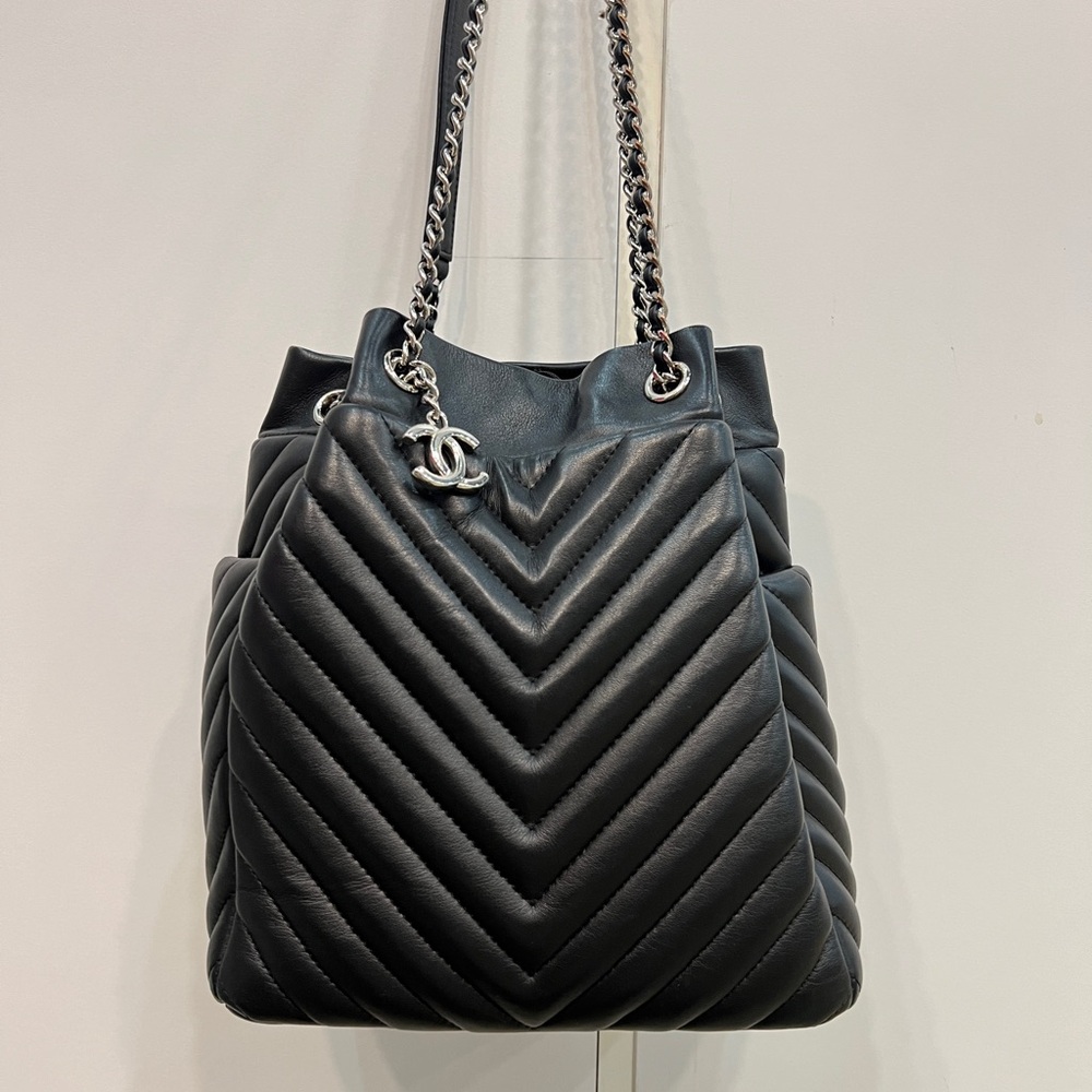 Chanel Chevron Urban Spirit Drawstring Bucket Small Backpack Black